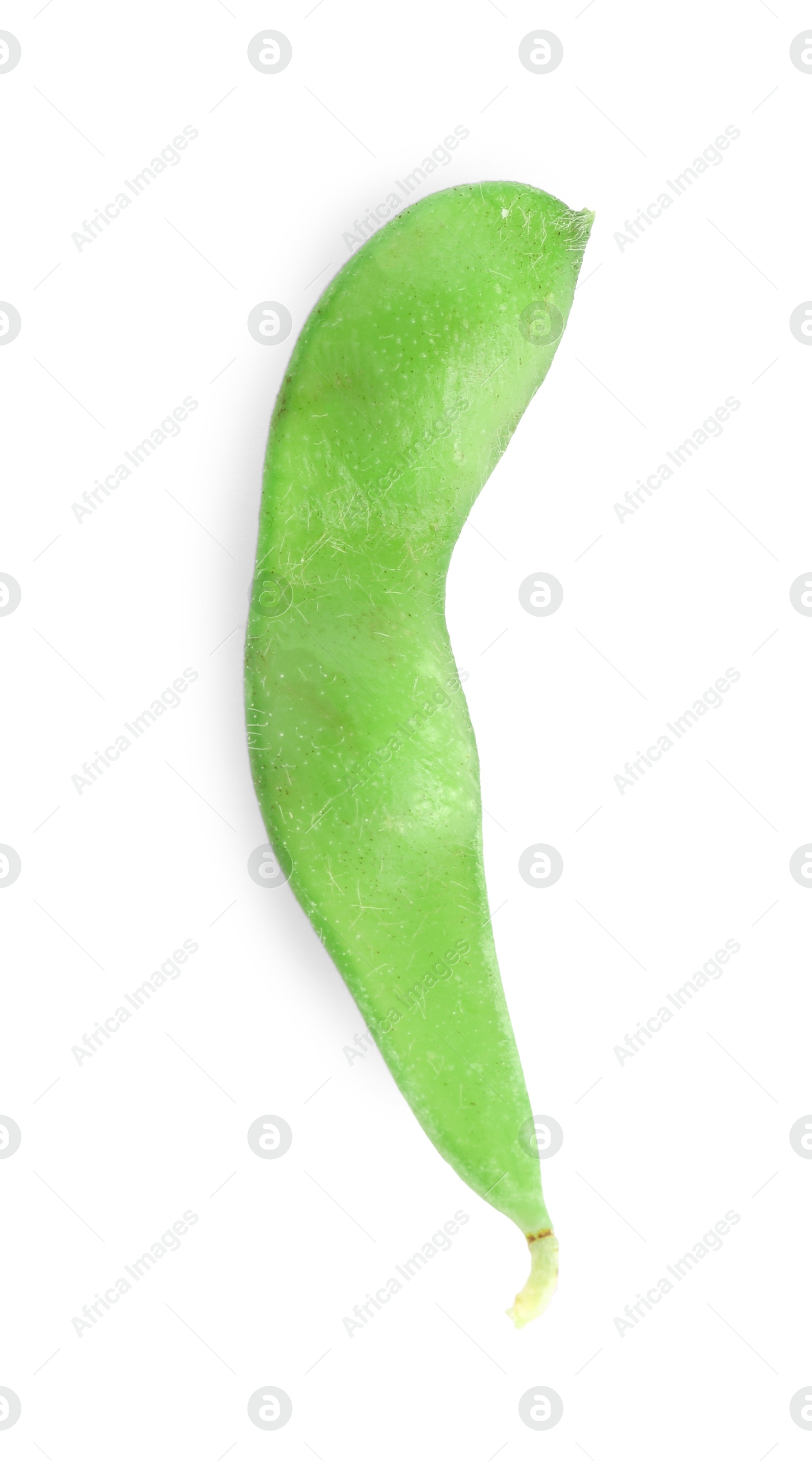 Photo of Raw green edamame pod isolated on white, top view