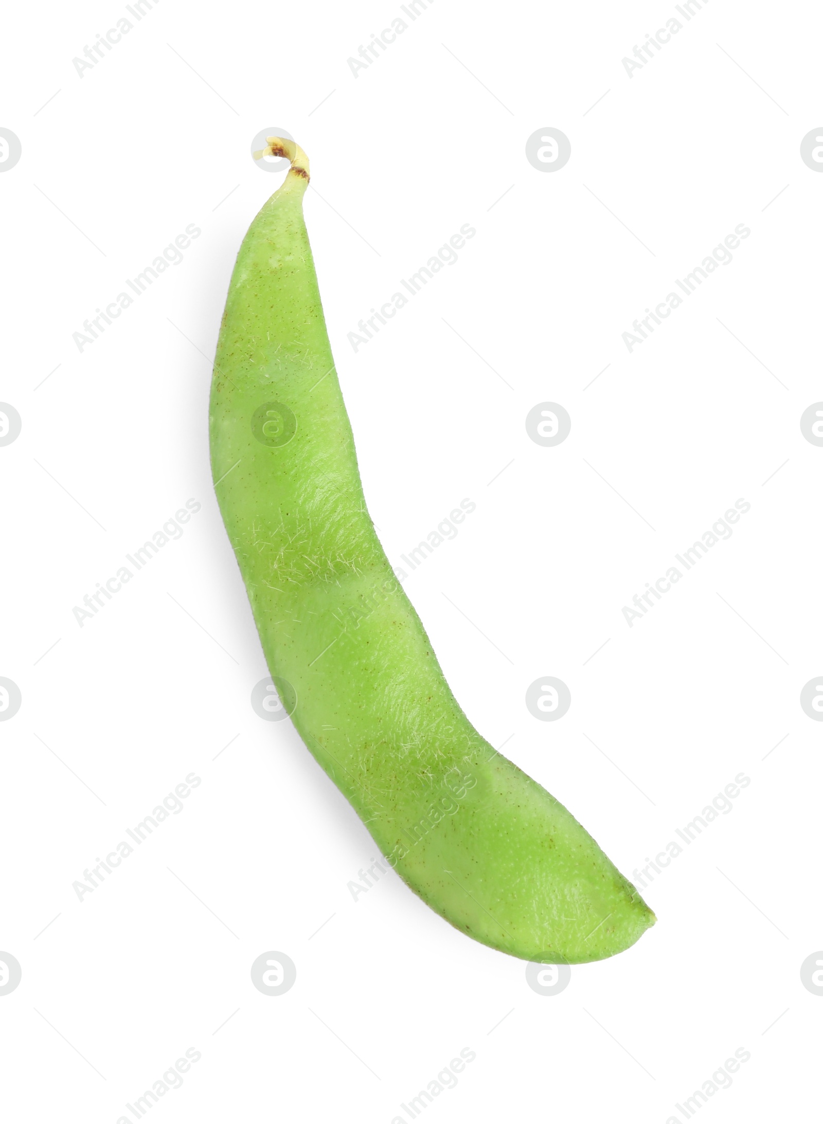 Photo of Raw green edamame pod isolated on white, top view