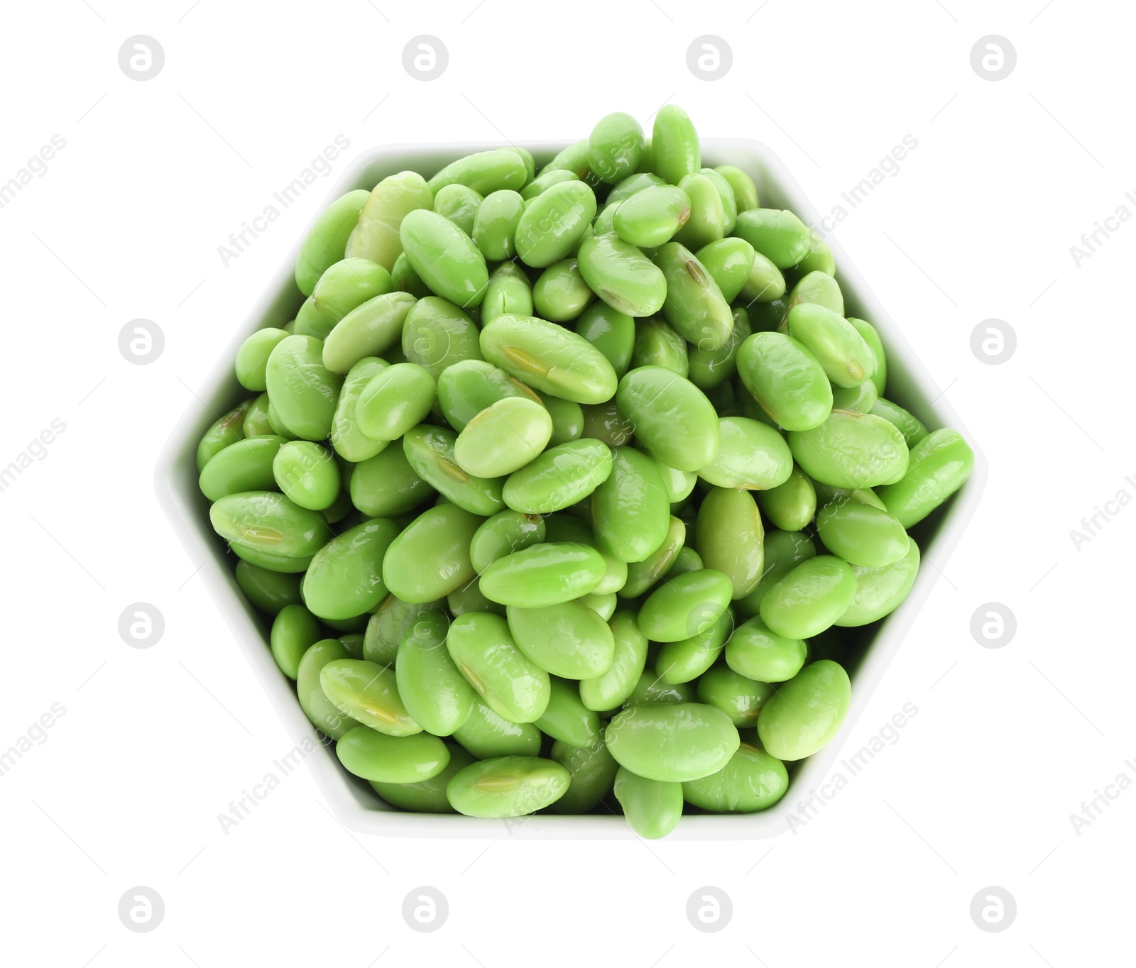 Photo of Raw green edamame soybeans in bowl isolated on white, top view