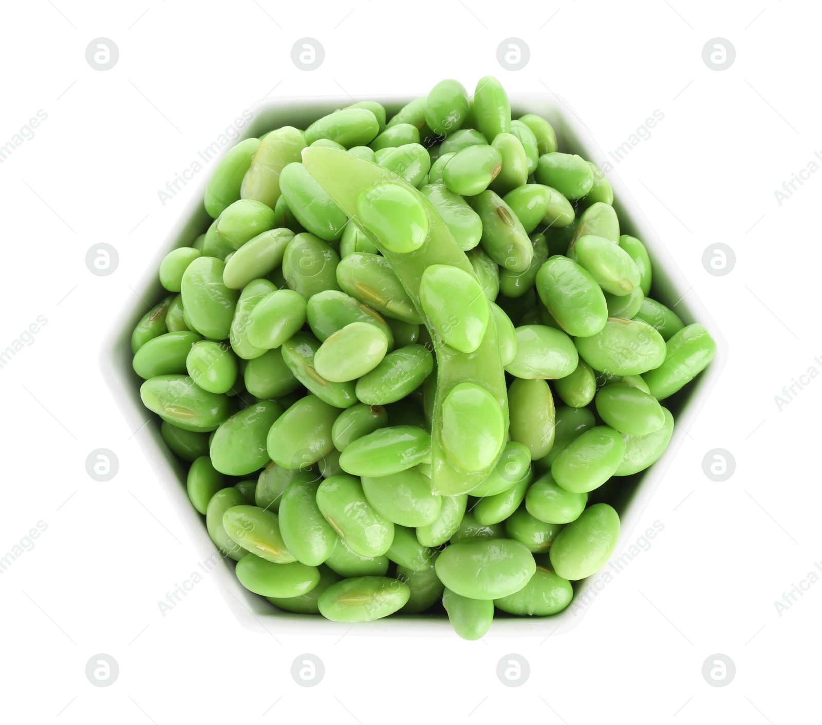 Photo of Raw green edamame soybeans in bowl isolated on white, top view