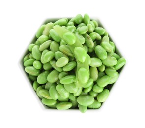 Photo of Raw green edamame soybeans in bowl isolated on white, top view