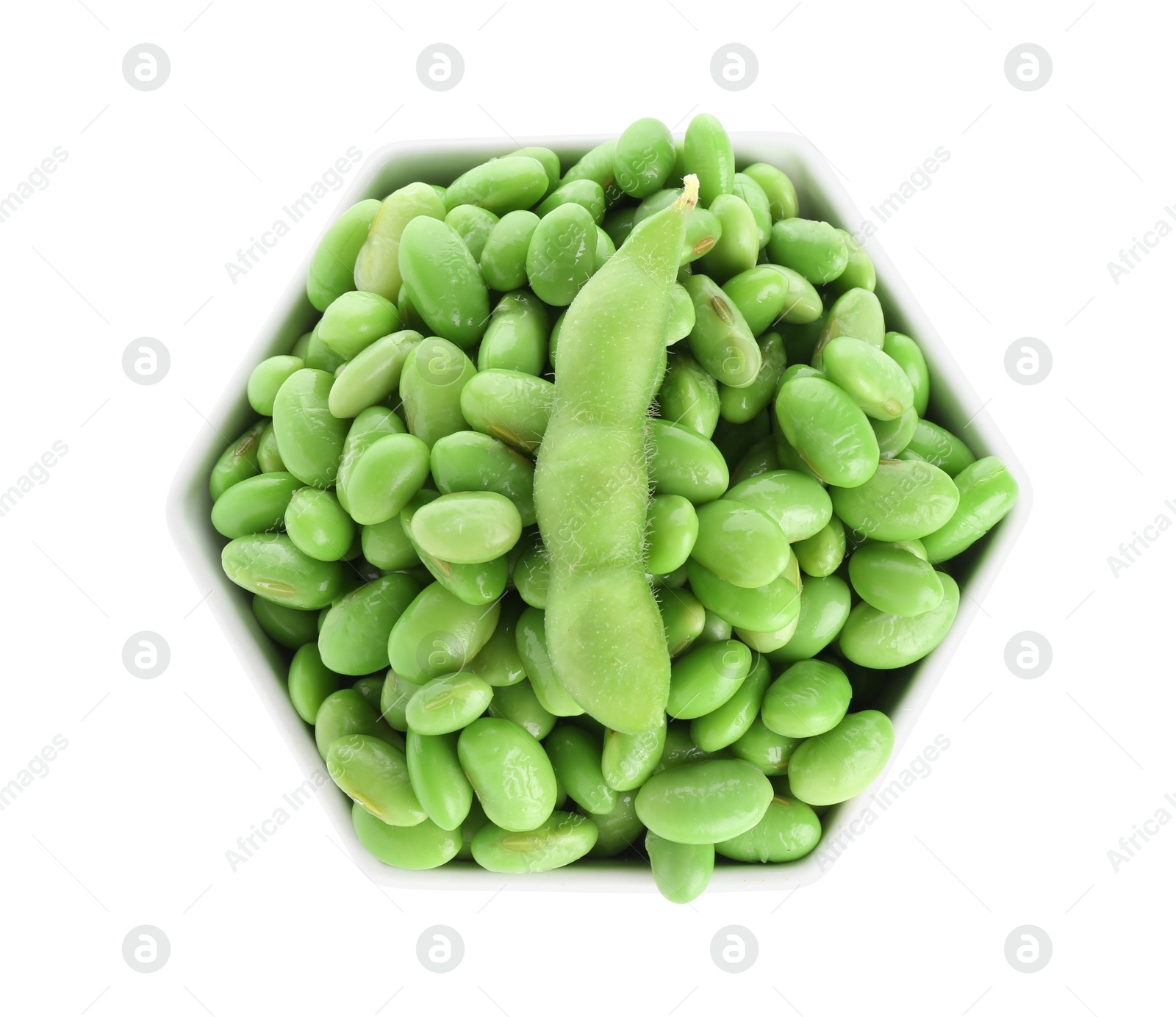 Photo of Raw green edamame soybeans in bowl isolated on white, top view