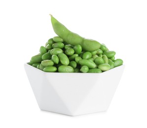 Photo of Raw green edamame soybeans in bowl isolated on white