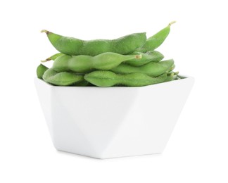 Photo of Raw green edamame pods in bowl isolated on white