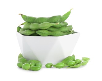 Photo of Raw green edamame soybeans and pods isolated on white