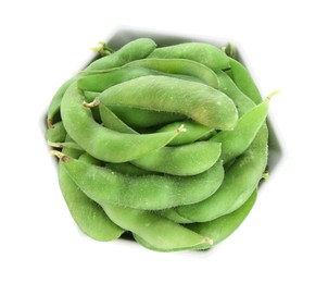 Photo of Raw green edamame pods isolated on white, top view