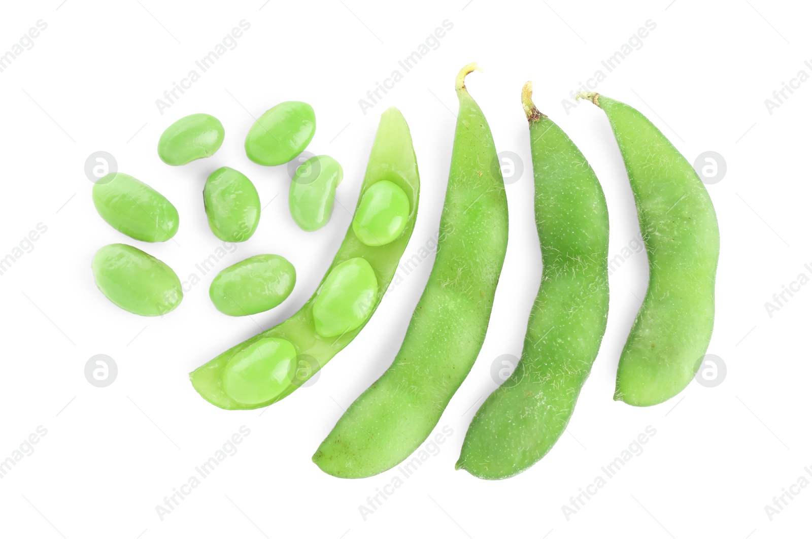 Photo of Raw green edamame soybeans and pods isolated on white, top view