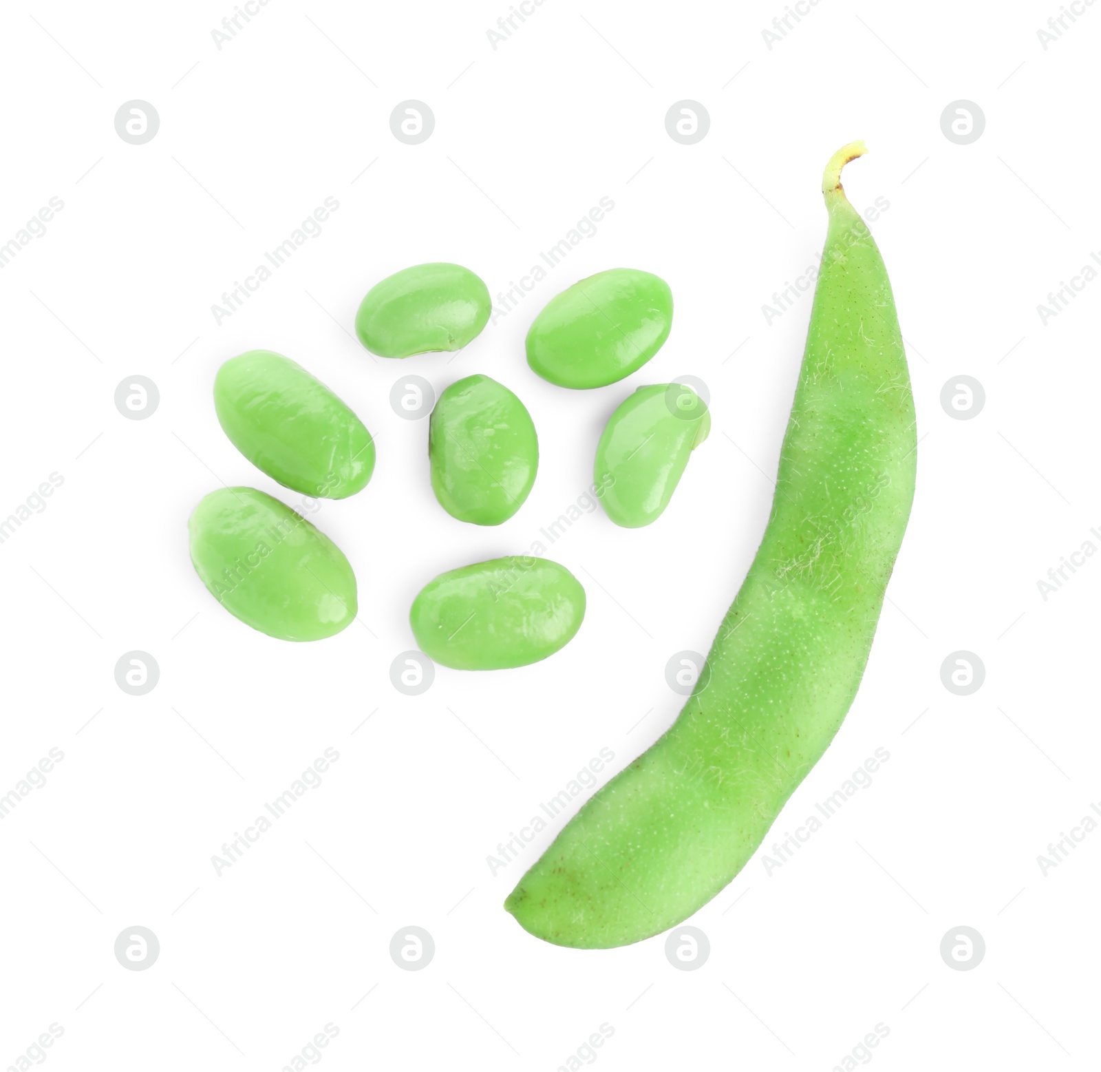 Photo of Raw green edamame soybeans and pod isolated on white, top view