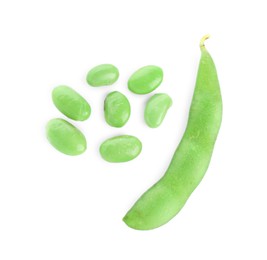 Photo of Raw green edamame soybeans and pod isolated on white, top view