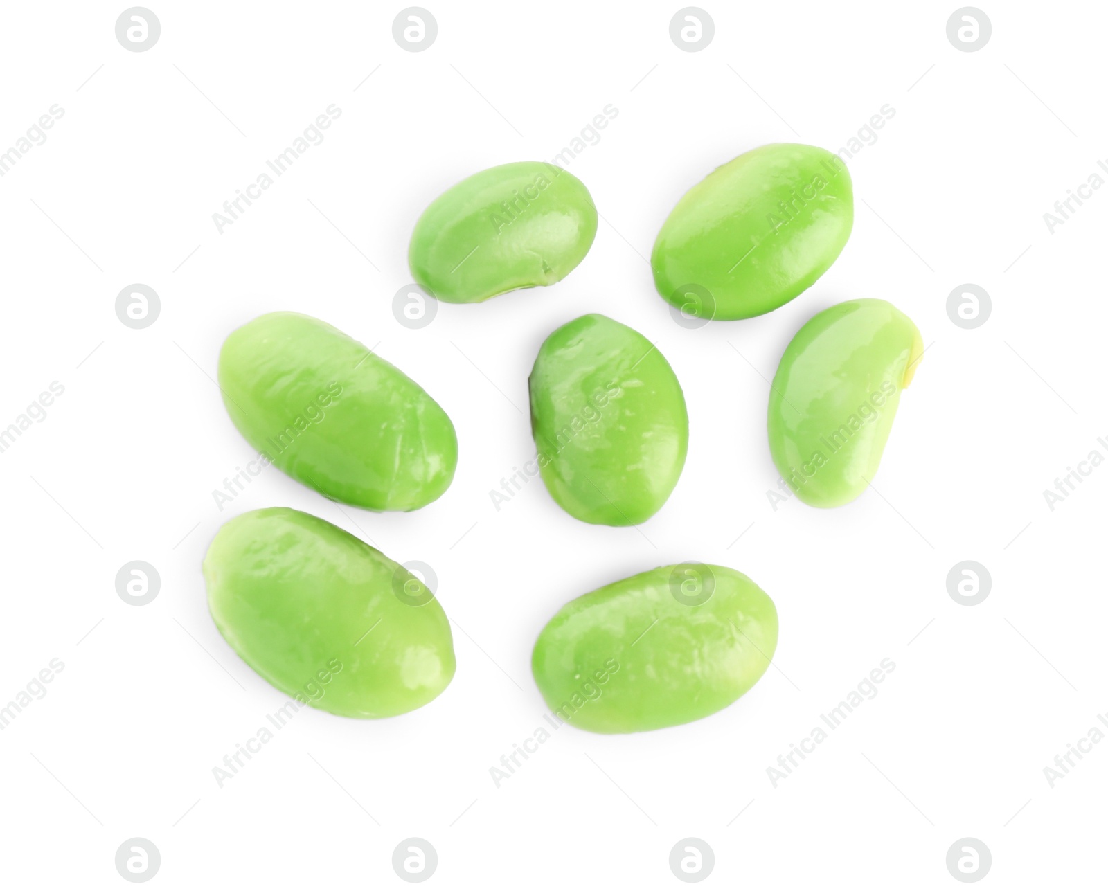 Photo of Raw green edamame soybeans isolated on white, top view