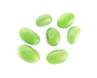 Photo of Raw green edamame soybeans isolated on white, top view