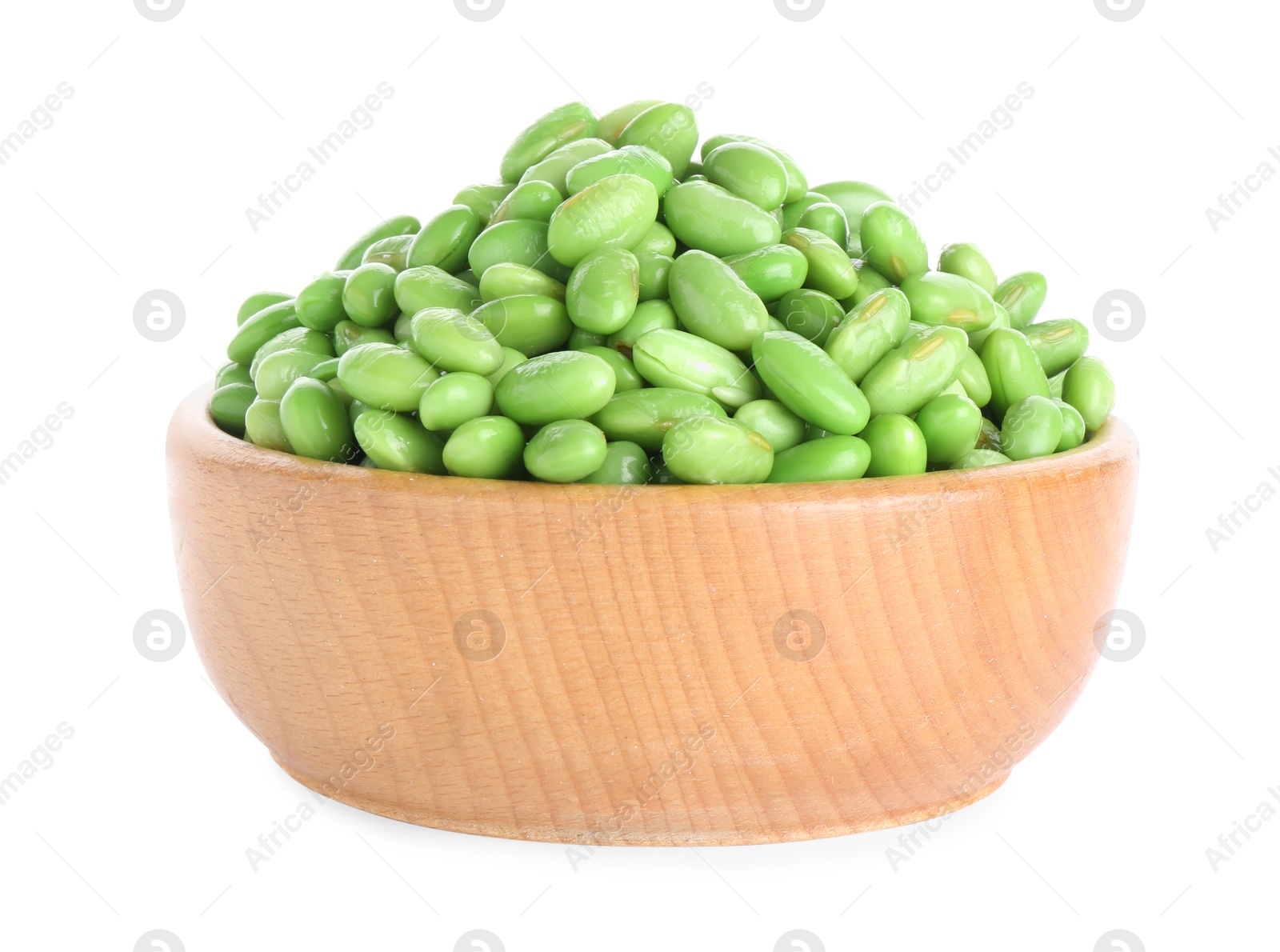 Photo of Raw green edamame soybeans in bowl isolated on white