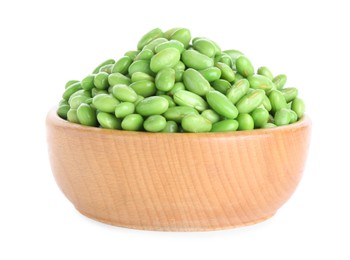 Photo of Raw green edamame soybeans in bowl isolated on white