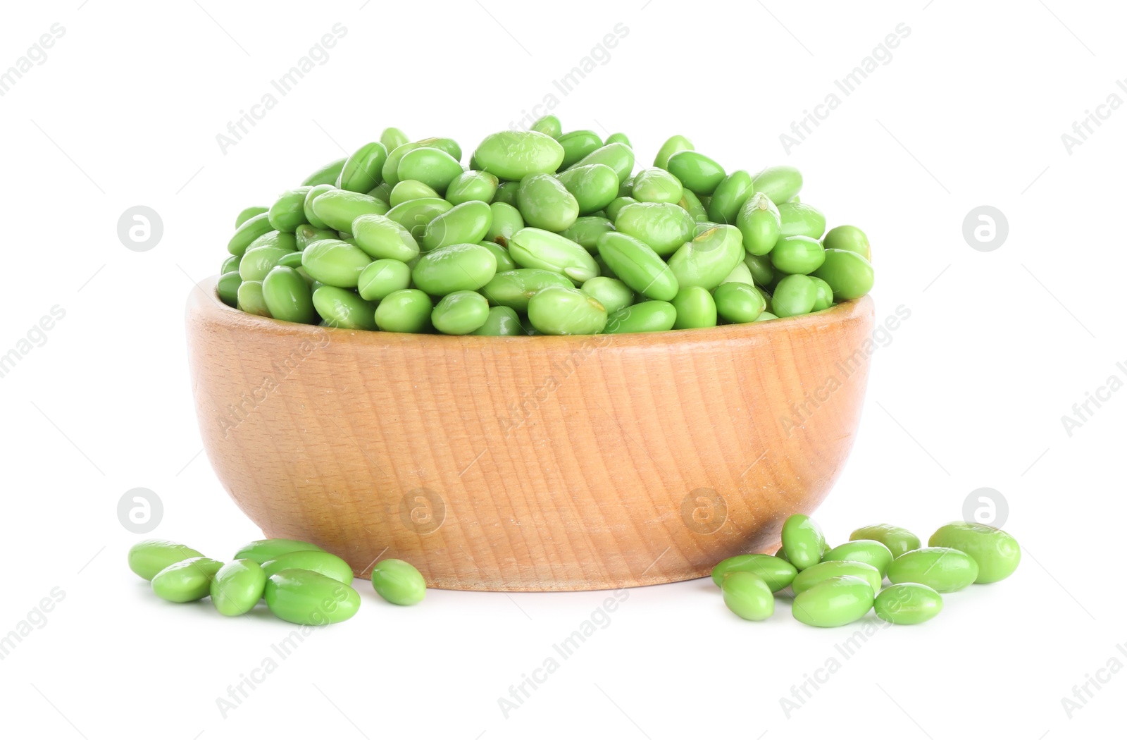 Photo of Raw green edamame soybeans in bowl isolated on white