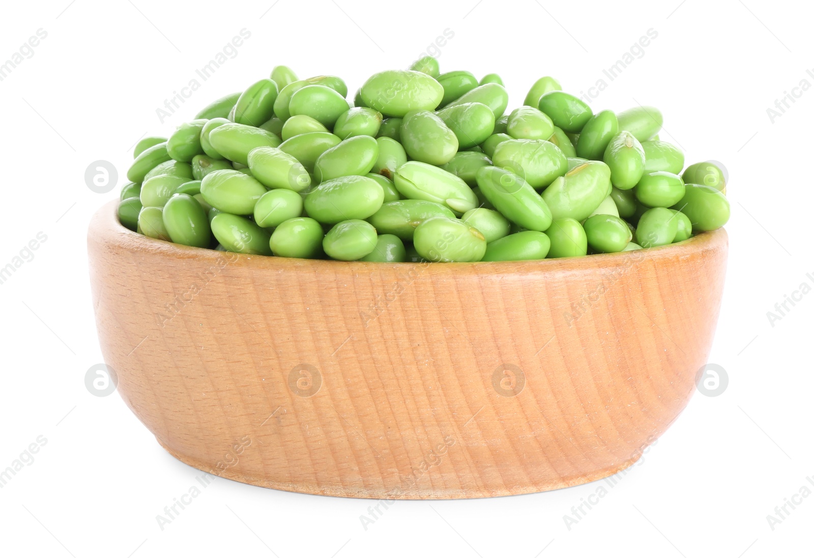 Photo of Raw green edamame soybeans in bowl isolated on white