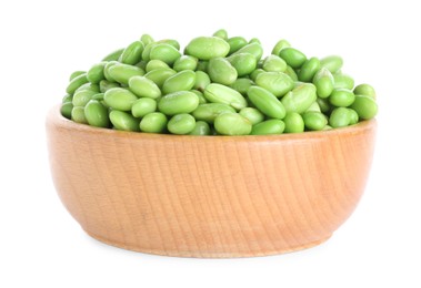 Raw green edamame soybeans in bowl isolated on white