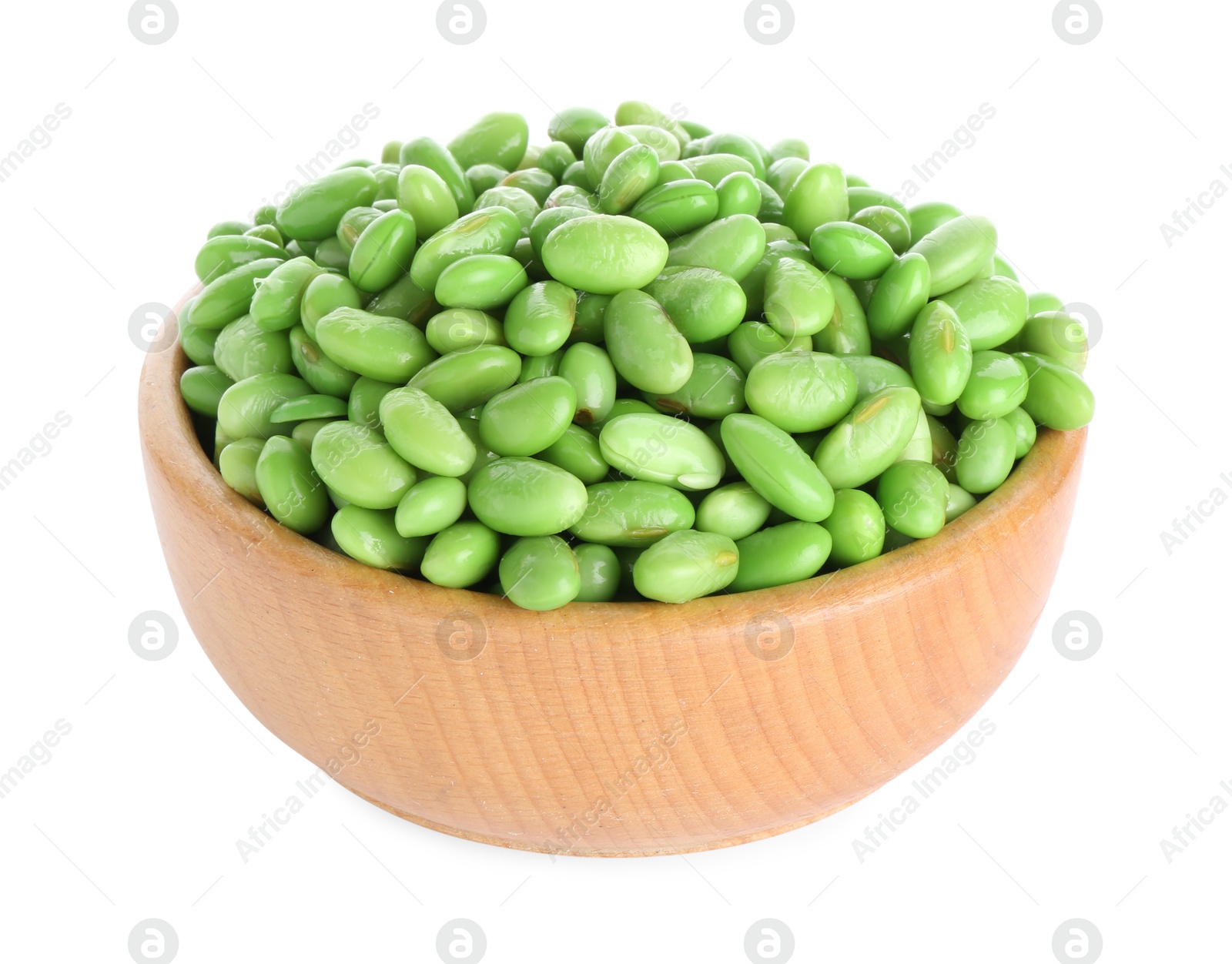 Photo of Raw green edamame soybeans in bowl isolated on white