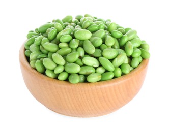 Photo of Raw green edamame soybeans in bowl isolated on white