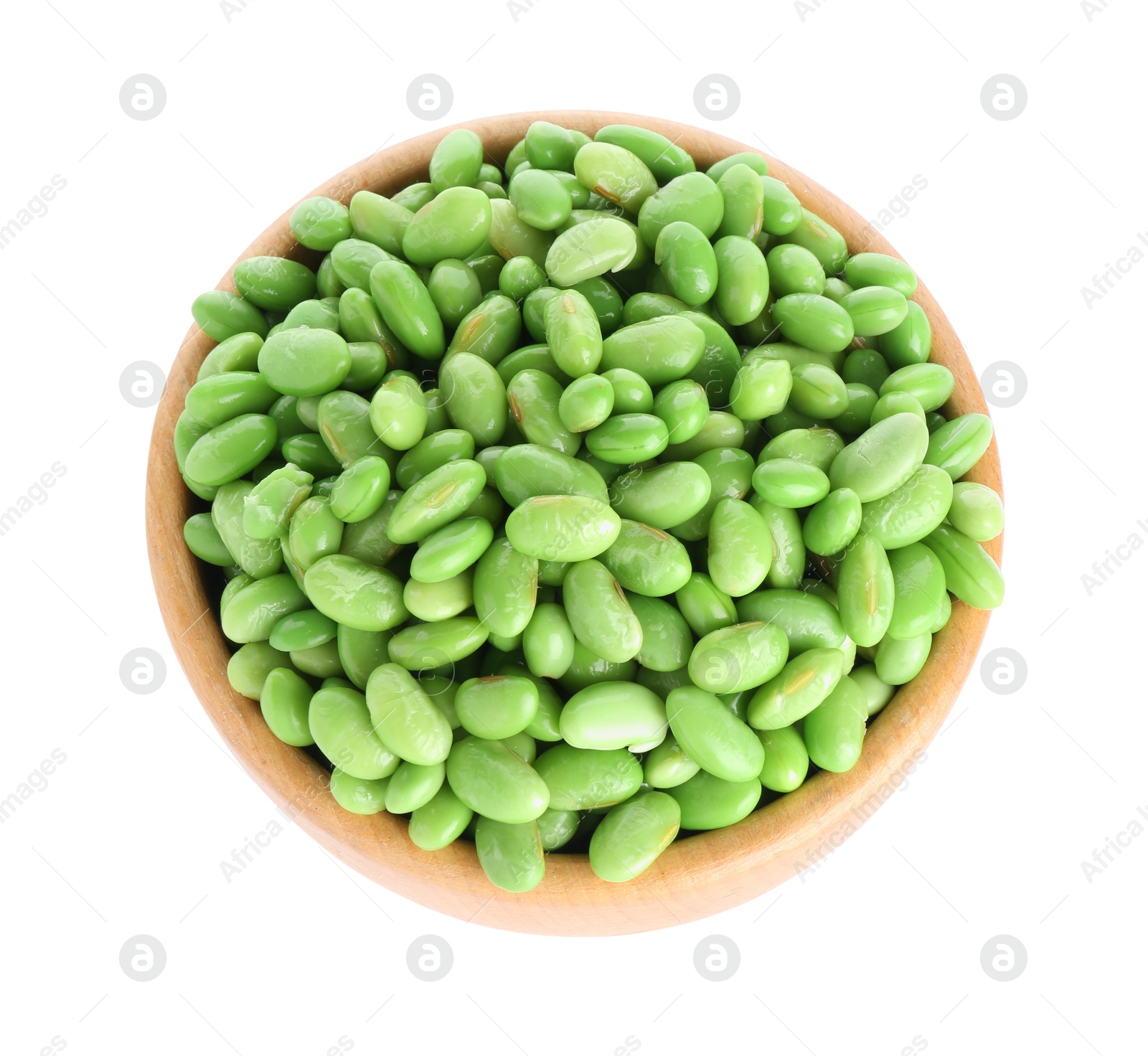 Photo of Raw green edamame soybeans in bowl isolated on white, top view