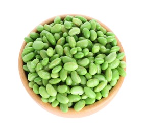 Photo of Raw green edamame soybeans in bowl isolated on white, top view