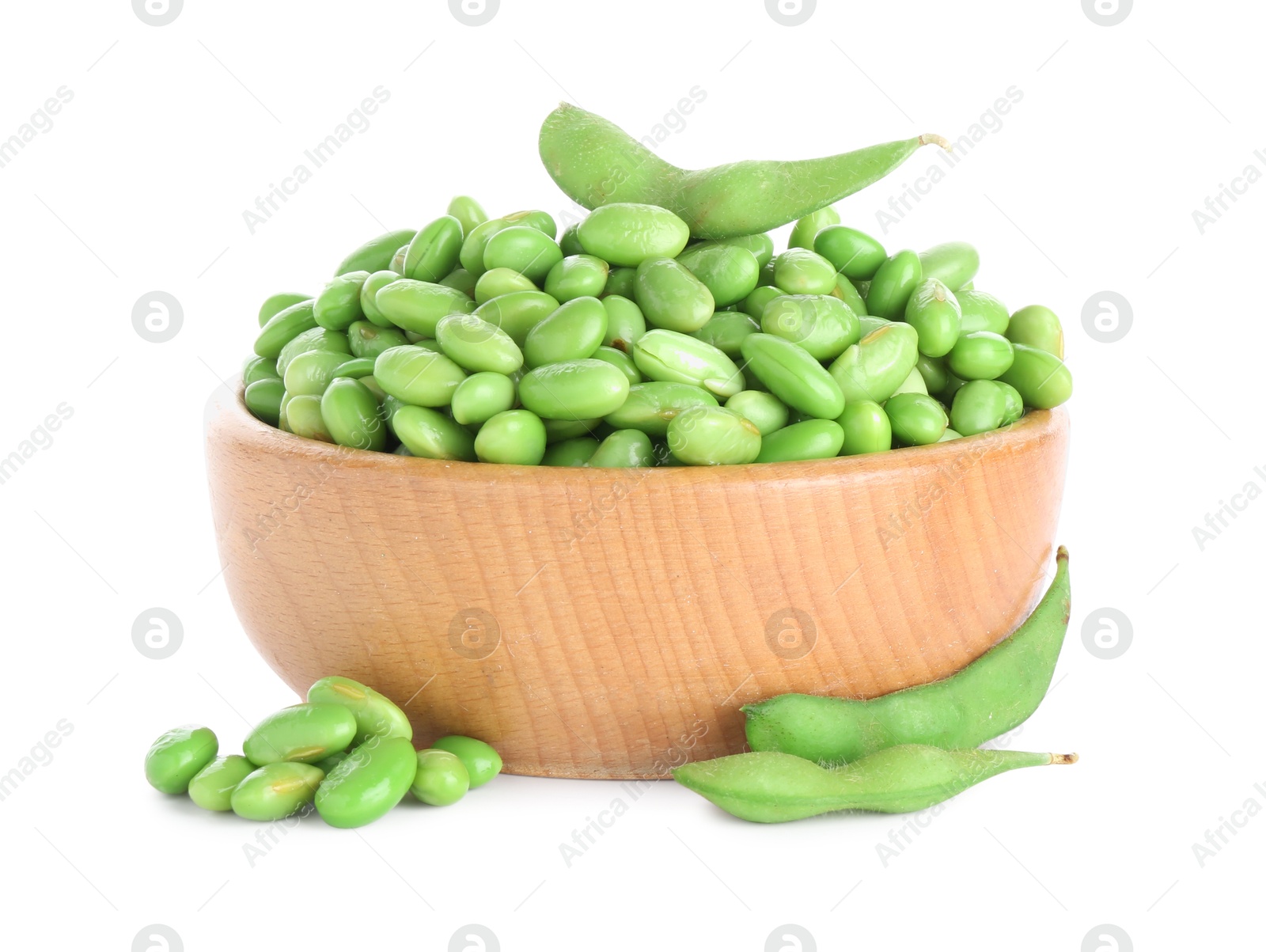 Photo of Raw green edamame soybeans and pods isolated on white