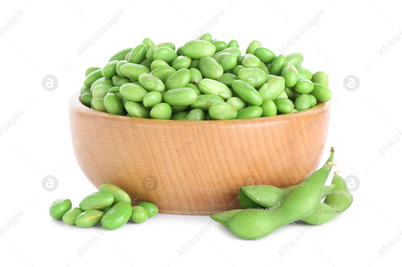 Photo of Raw green edamame soybeans and pods isolated on white