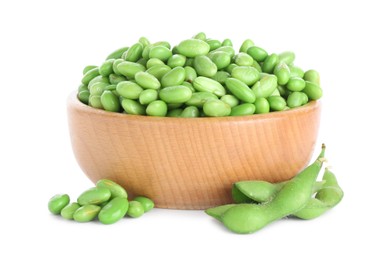 Photo of Raw green edamame soybeans and pods isolated on white