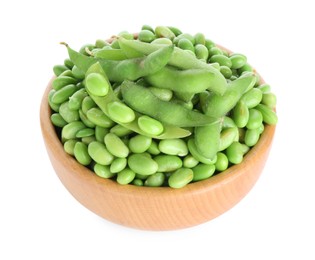 Photo of Raw green edamame soybeans and pods isolated on white