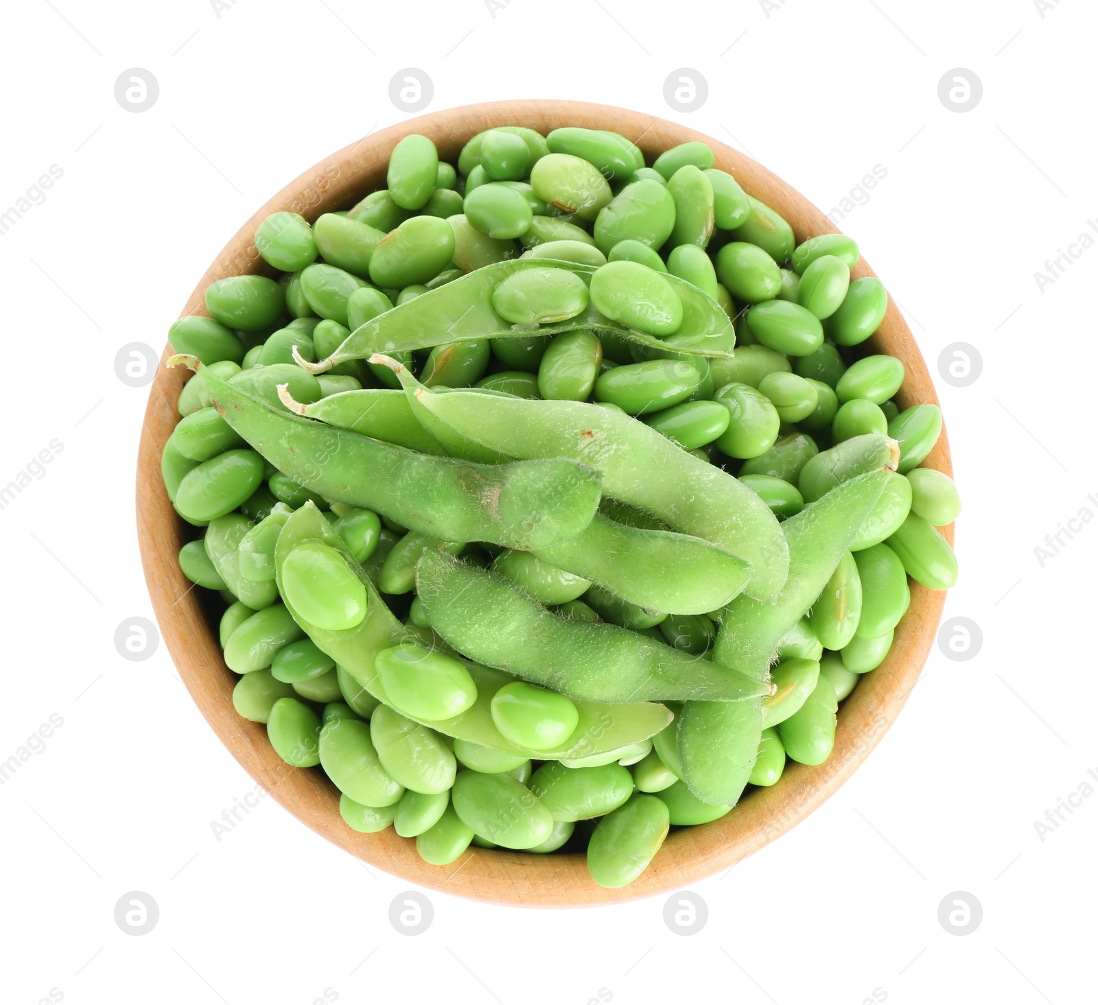 Photo of Raw green edamame soybeans and pods isolated on white, top view