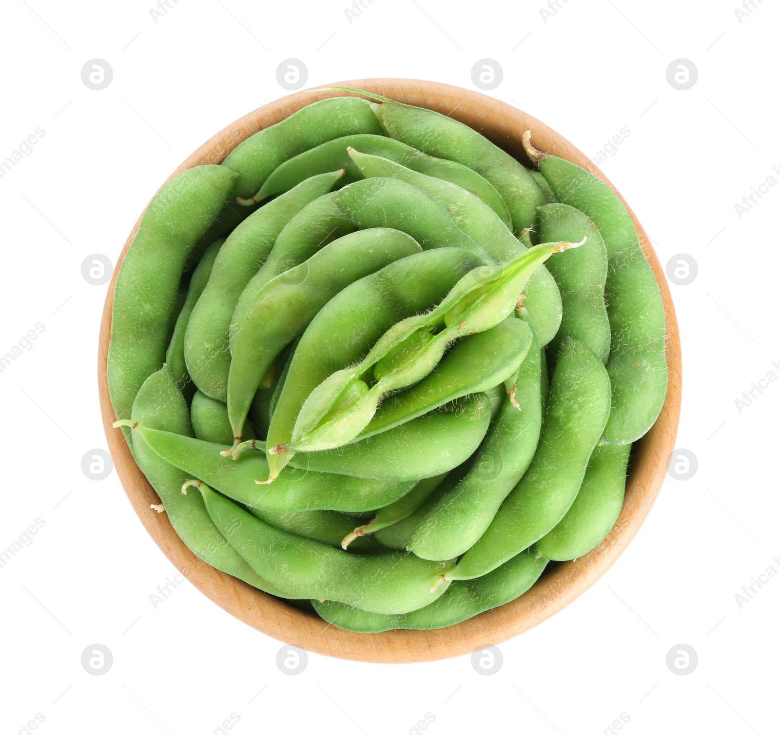 Photo of Raw green edamame pods in bowl isolated on white, top view