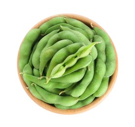 Photo of Raw green edamame pods in bowl isolated on white, top view