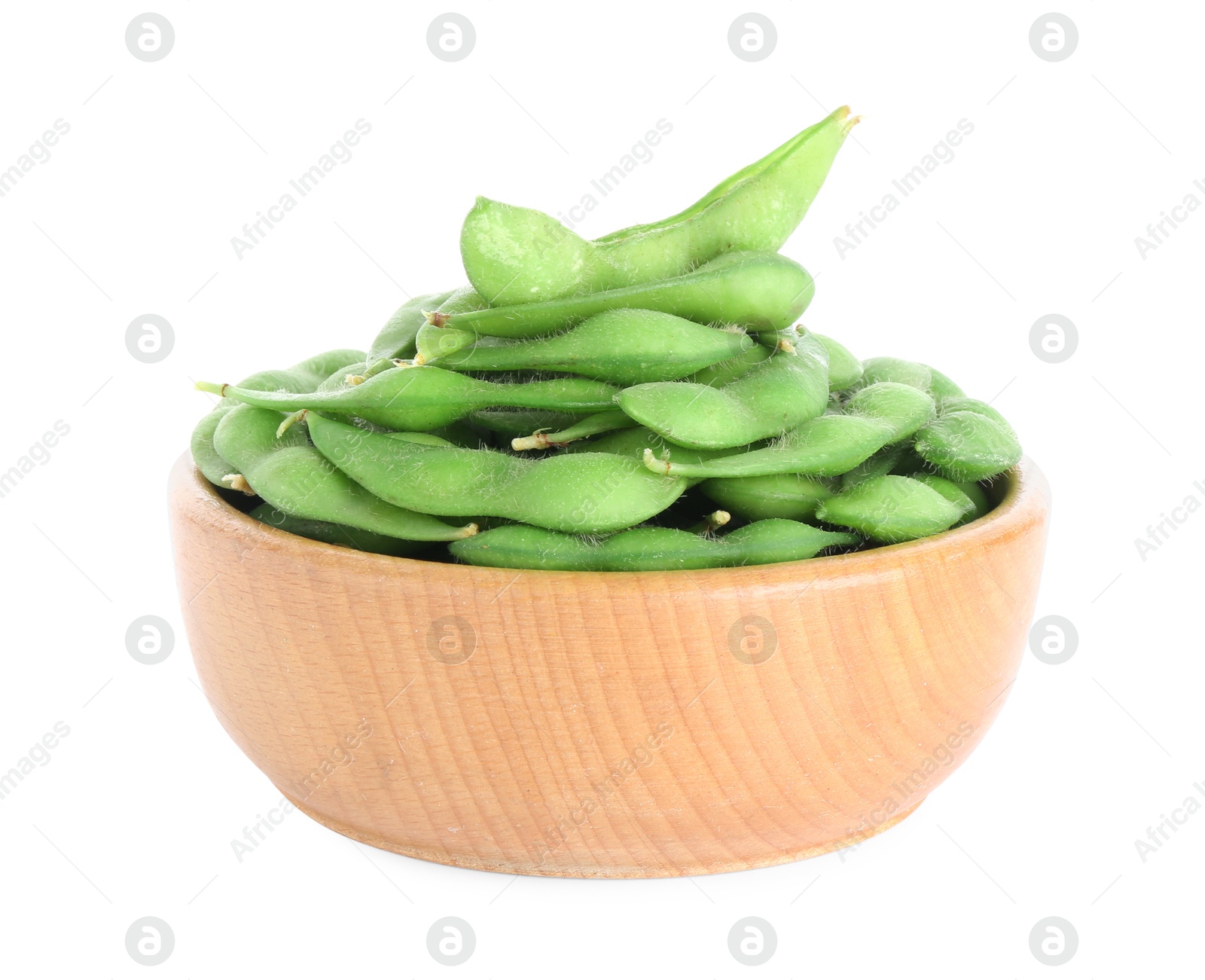 Photo of Raw green edamame pods in bowl isolated on white