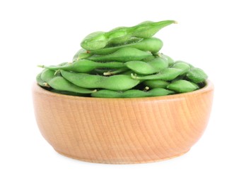 Photo of Raw green edamame pods in bowl isolated on white