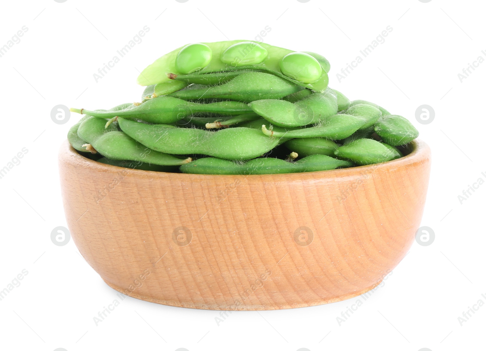 Photo of Raw green edamame pods in bowl isolated on white