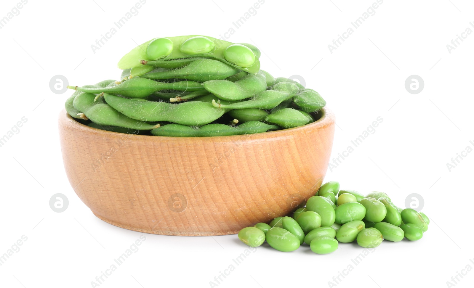 Photo of Raw green edamame soybeans and pods isolated on white