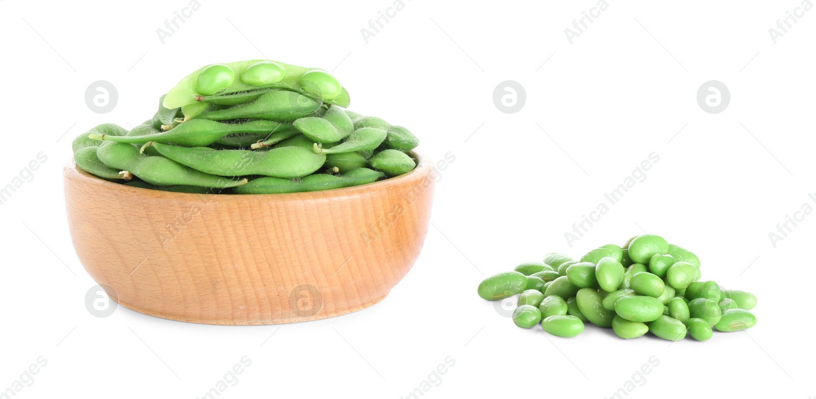 Photo of Raw green edamame soybeans and pods isolated on white