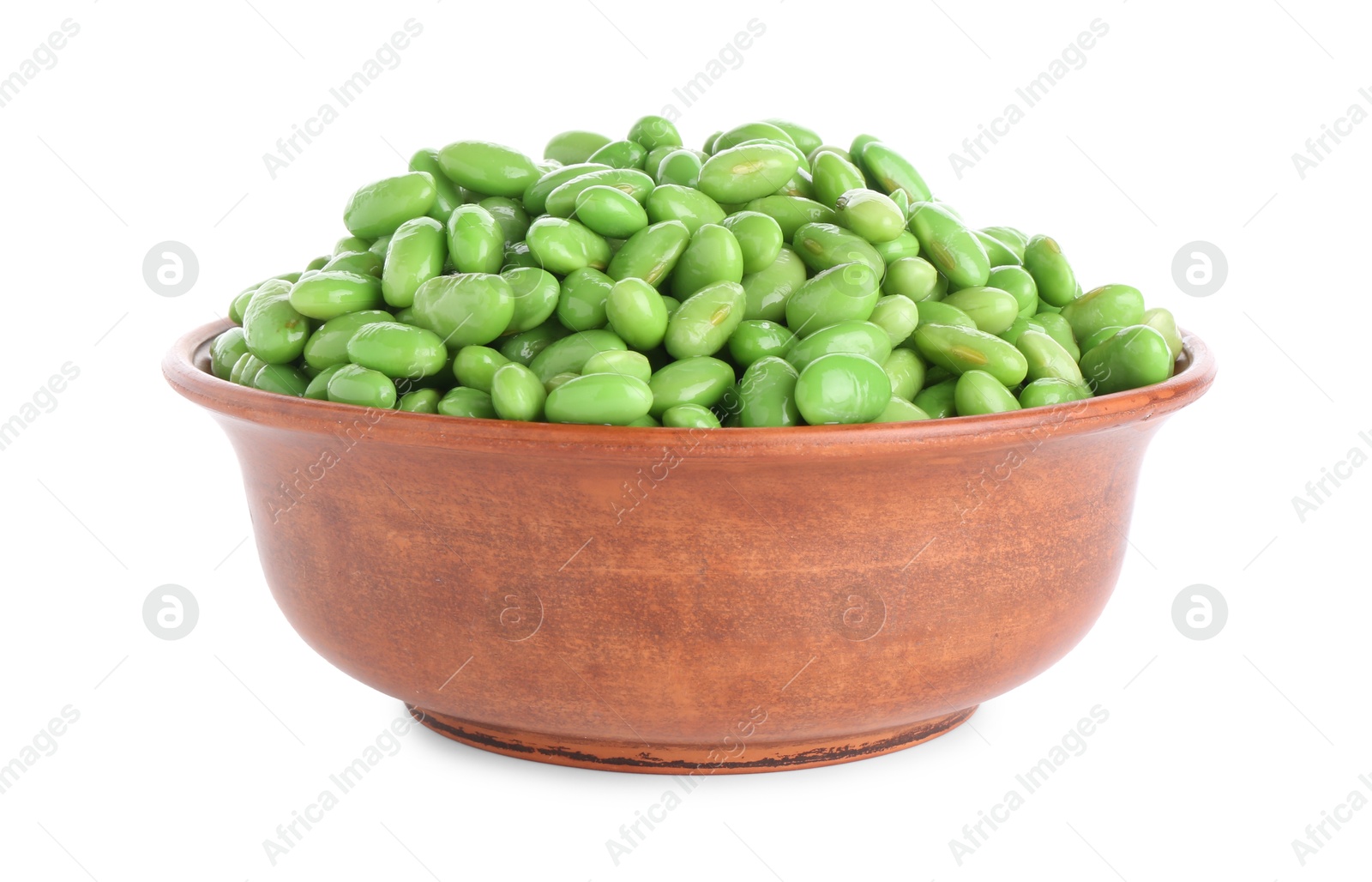 Photo of Raw green edamame soybeans in bowl isolated on white