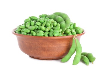 Photo of Raw green edamame soybeans and pods isolated on white