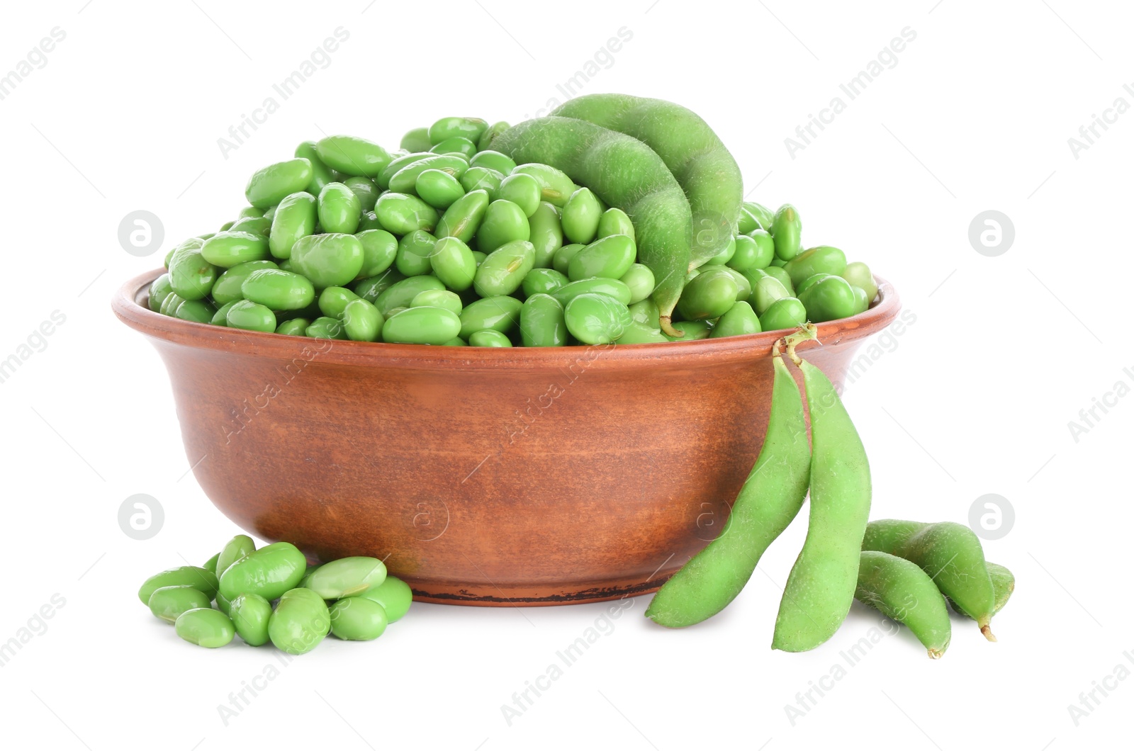 Photo of Raw green edamame soybeans and pods isolated on white