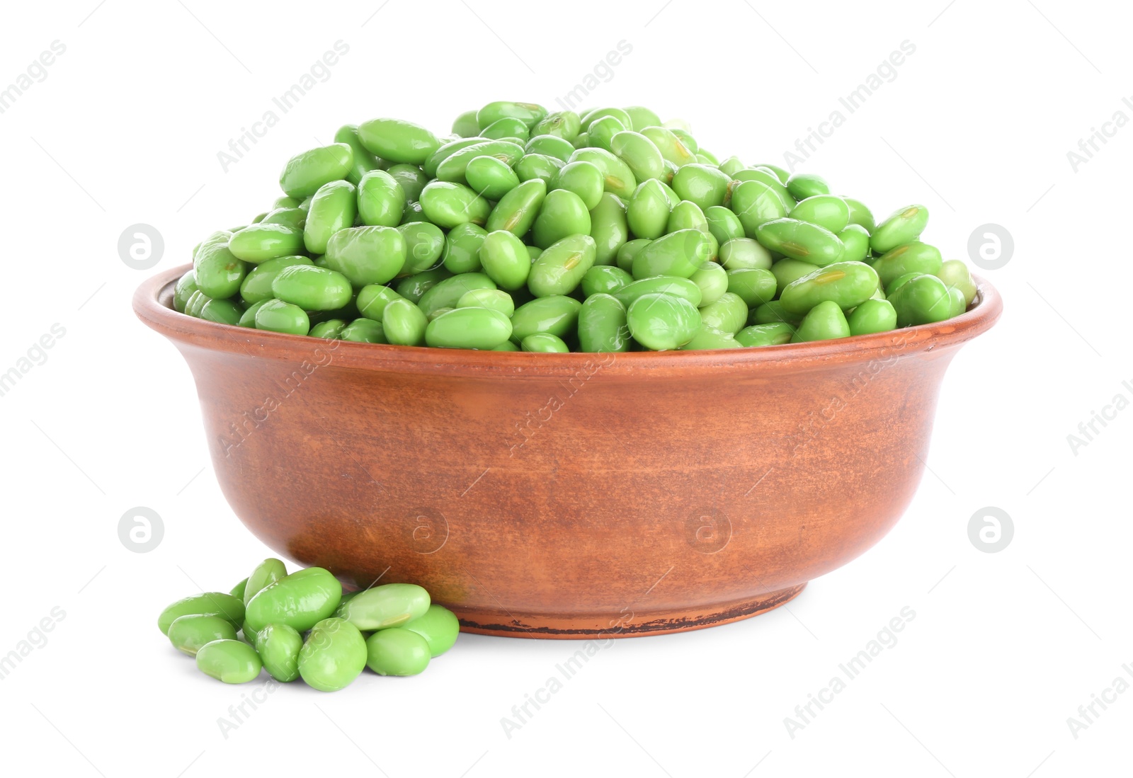 Photo of Raw green edamame soybeans in bowl isolated on white