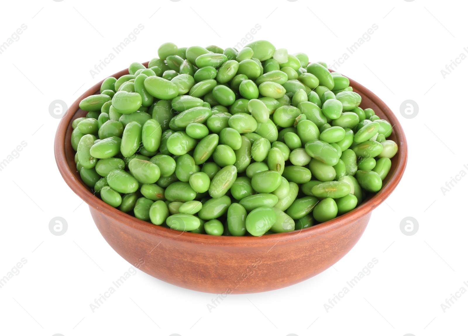 Photo of Raw green edamame soybeans in bowl isolated on white