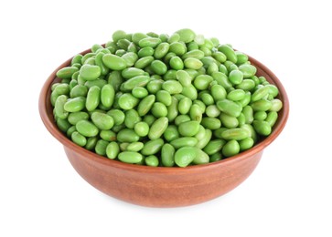 Photo of Raw green edamame soybeans in bowl isolated on white