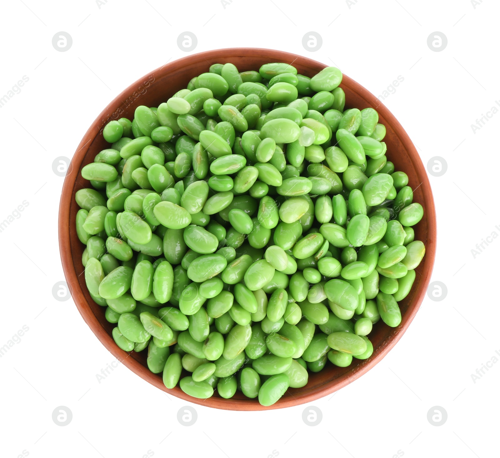 Photo of Raw green edamame soybeans in bowl isolated on white, top view