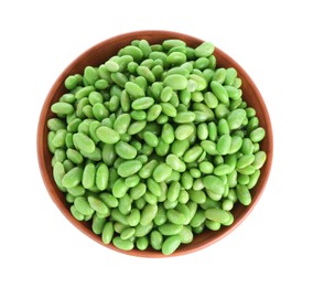 Photo of Raw green edamame soybeans in bowl isolated on white, top view