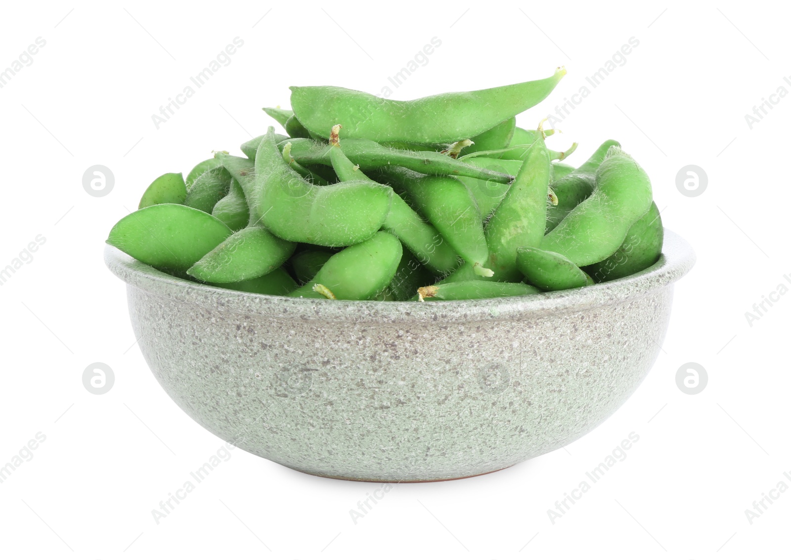 Photo of Raw green edamame pods in bowl isolated on white