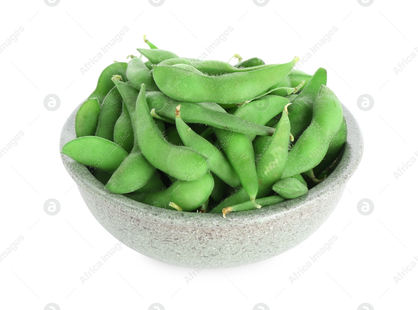 Photo of Raw green edamame pods in bowl isolated on white