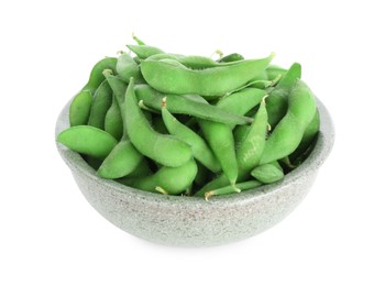 Photo of Raw green edamame pods in bowl isolated on white