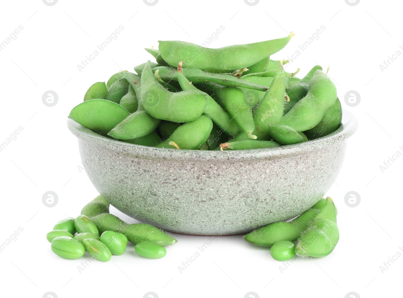 Photo of Raw green edamame soybeans and pods isolated on white