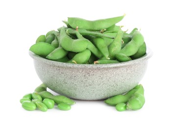 Photo of Raw green edamame soybeans and pods isolated on white