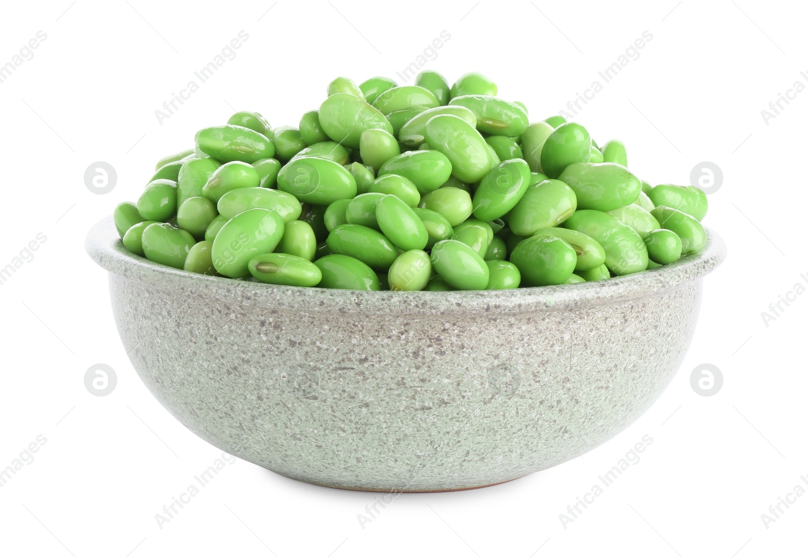 Photo of Raw green edamame soybeans in bowl isolated on white